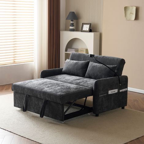 Chenille 2-Sitzer-Schlafsofa, modernes Sofa mit verstellbarer Rückenlehne, Handyhalterung und USB-Anschluss, 129 x 76 x 81 cm, Dunkelgrau