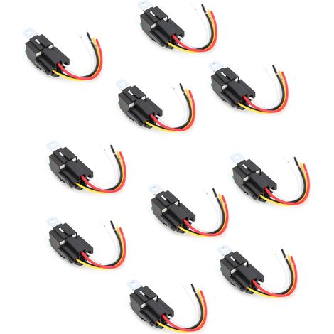 10 relais étanches 12V 4 broches SPST 30A avec porte-fusible, câble et socle, lot de 10 (1/5)