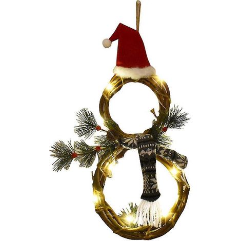 Couronne de Noël décorative, guirlande de bonhomme de neige de 58 cm (23 pouces) à suspendre à la porte avec 10 lumières LED blanc chaud, couronne de fleurs artificielles pour fenêtre, mur ou cheminée (1/5)