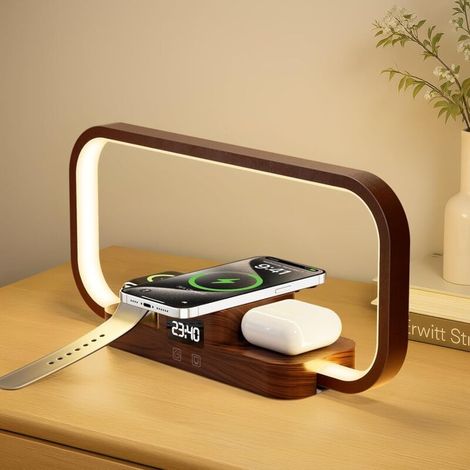 Lampada da comodino 3 in 1 con caricatore wireless e porta USB, lampada da tavolo con controllo touch dimmerabile a 5 colori, stazione di ricarica per Pod, orologi e smartphone per camera da letto (ma