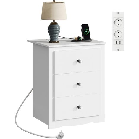 Table de chevet blanche avec prise et USB, 3 tiroirs, table de nuit (1/5)