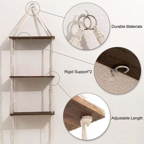Wandregal aus Holz mit Makramee Aufhängung 3 Ebenen Wohnaccessoires im Bohème Stil (1/5)