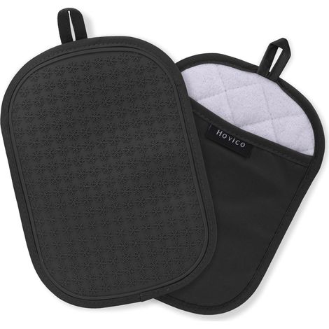 Lot de 2 maniques en silicone, résistantes à la chaleur avec poches, maniques antidérapantes pour la cuisson et la cuisine dans la cuisine, 24,9 x 17,8 cm, doublure en tissu éponge, noir (1/5)