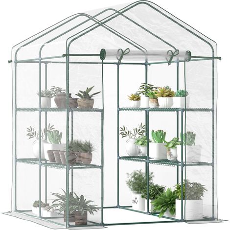Serre de jardin avec étagères 3 niveaux, serre de balcon, bâche renforcée, châssis en acier, porte zippée enroulable, pour légumes plantes fleurs, intérieur et extérieur, 143x143x195cm, vert (1/5)