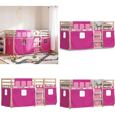 Litera con cortinas madera maciza de pino rosa 90x200 cm - Litera con cortinas - Cama para niños