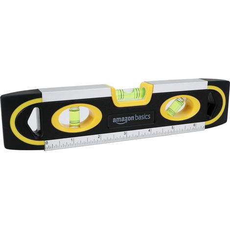 Niveau à bulle Torpedo de 22.8 cm avec règle intégrée et 3 bulles (180°-90° et 45°), Noir, Jaune (1/5)