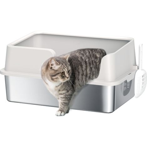 PawHut arenero para gatos de acero inoxidable XL, caja de arena para gatos grandes, arenero extragrande con borde alto, pala, 60x40x28 cm, gris claro (1/5)