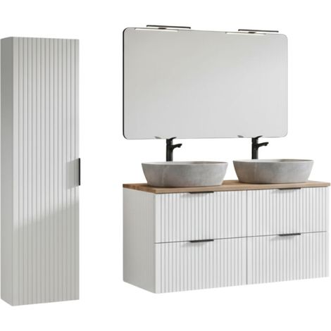 Conjunto de baño NOXERA 120 cm – Blanco alpino y roble wotan – Doble lavabo efecto mármol, columna y espejo con lámpara