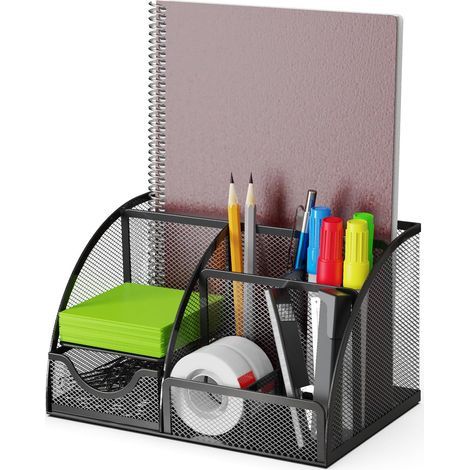 Desk Organizer and Pencil Holder with Metal Mesh Drawer and 6 Compartments, Black - Multifunctional Organizer for Pens, Notes and Staplers, for Office and Home (1/5)
