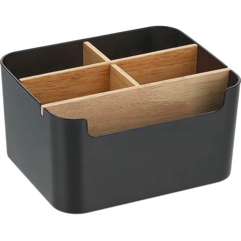 Organiseur de bureau en bambou 5 compartiments avec porte-stylos, noir (1/5)