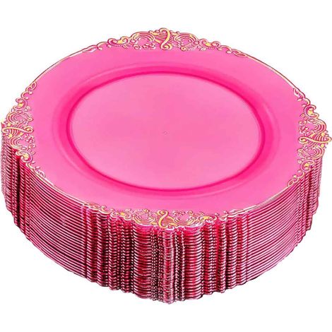 25 assiettes en plastique, roses avec finition dorée, jetables, pour fêtes, mariages et anniversaires (1/5)