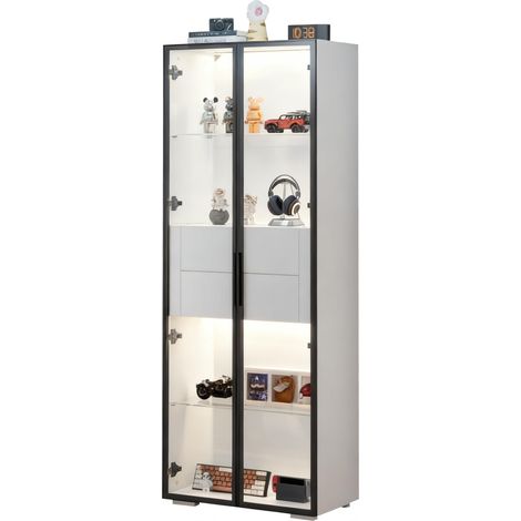 Vitrine haute blanche 60 x 40 x 160 cm avec LED, porte en verre trempé, 2 tiroirs et étagères réglables, meuble de salon moderne - CHICFURN (1/5)