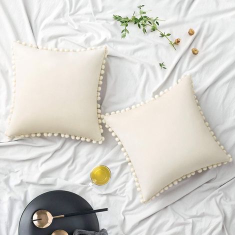 Housse De Coussin Velours - 45 x 45 cm - Avec Pompons - Pour Canapé Chambre Voiture - Lot De 2 (1/5)