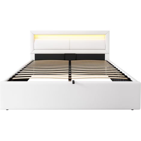 Lit capitonné LED 140200cm avec sommier à lattes et espace de rangement, tête de lit éclairée en différentes couleurs, blanc, tête de lit et cuir synthétique [OLD SKU:30091213AAW] (1/5)
