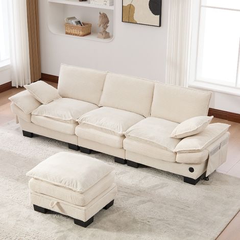 Modulares 3-Sitzer Cordsofa mit Hocker und Stauraum, ergonomische Sitzfläche, integrierter USB-C Anschluss, Cordstoff, 260x132x84 cm, Beige (1/5)