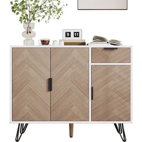 Buffet 90x30x70,5 cm, rangement tiroir Buffet salon, finition blanc aspect bois, étagères réglables en hauteur (1/5)