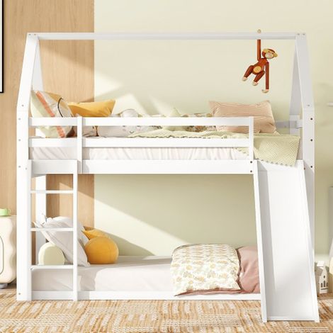 Lit cabane superposé 90x200 cm blanc avec toboggan et échelle lit enfant maison (1/5)