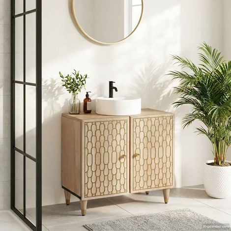 Meuble sous lavabo de salle de bain en bois de manguier massif sculpté 62 x 33 x 58 cm - PANGIVO (1/5)