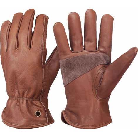 BRAVIX Gants de travail rétro en cuir pour la construction, la cour, le jardinage, avec paume renforcée pour homme et femme (Marron, L)