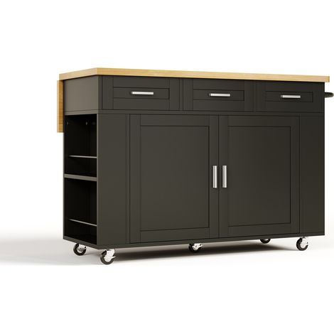 Isla de cocina móvil con encimera abatible, MDF, 120 x 45(70) x 84 cm, color natural y negro (1/5)