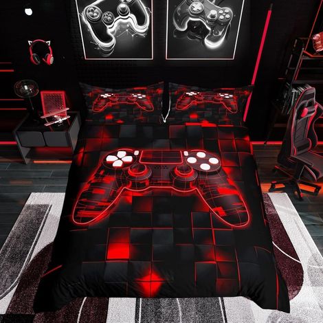 Housse de Couette Garcon 220x240 cm avec 2 Taies d'oreiller, Parure de Lit Ado Gaming Sets de Housses de Couettes Enfant Gamer Néon Couvre Lit Carré Géométrique, Noir et Rouge (1/5)