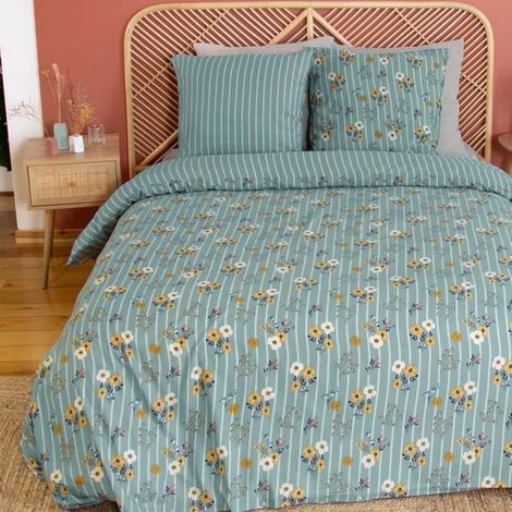 Parure de lit 220x240 cm - COTE DECO - Imprimé floral et rayé - Microfibre - 3 pièces - Lavable à 40°