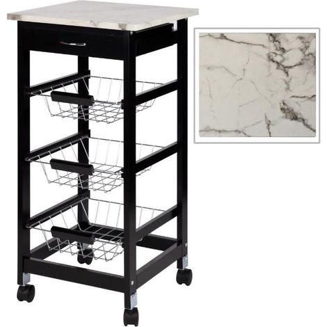 Carrello da Cucina in Legno 3 Cassetti Nero Top Effetto Marmo 37 x 37 x 76 cm
