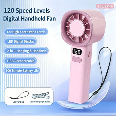Ventilateur turbine portable miniature (rose), rechargeable, avec écran LCD et affichage numérique. (1/5)