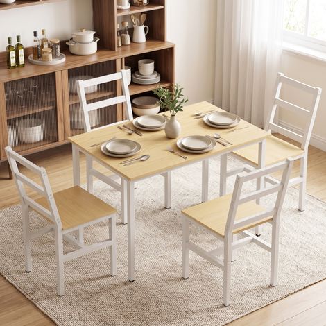 Ensemble Table Salle à Manger avec 4 Chaises, Table Rectangulaire 108 cm, Chaises à Dossier à Lattes, Chêne et Blanc (1/5)