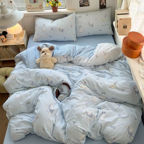 4-teiliges Bettwäsche-Set aus ultra-weicher, gewaschener Baumwolle der Klasse A für Mutter und Kind – Studenten-Bettgarnitur mit kleinem Hundemotiv, Spannbettlaken und Bettlaken für Decke 180x220 cm, 