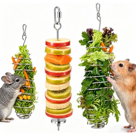 3 Pcs Hamster Toy and Guinea Pig Accessory, Dwarf Rabbit Food Dispenser with Skewer Fruit and Vegetables, Stainless Steel Hanging Feeder for Chinchilla, Rat and Small Rodents (1/5)