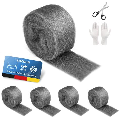 00 Steel Wool, 5 Rolls 20 m Anti-Mouse Steel Wire Wool, with Gloves and Scissors, Polishing Steel Wool, for Cleaning Polishing Maintenance and Finishing of Wood, Glass, Metal, Stone (1/5)