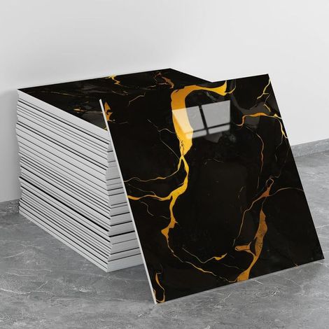 Kaelt - Lot de 20 panneaux muraux de douche en PVC étanches, effet marbre, Carrelage mural adhésif pour salle de bain, chambre et cuisine,Noir 11,8" x 11,8 (1/5)