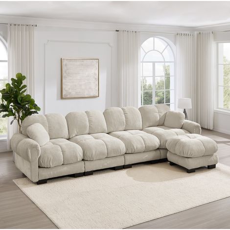 Divano angolare modulare a 4 posti con pouf mobile, schienale ergonomico, tessuto in ciniglia color kaki chiaro. (1/5)
