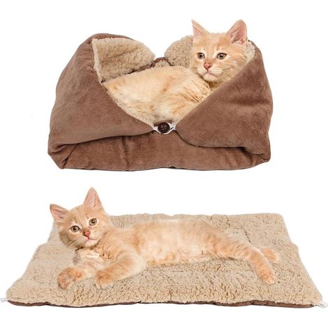 Tapis de lit pour chat 3 en 1, 70 x 50 cm, lavable, moelleux, chaud, pour petits chiens, double face, 70 x 50 cm, marron (1/5)