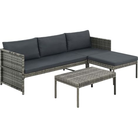 3-tlg. Garten-Lounge-Set mit Auflagen Poly Rattan Grau