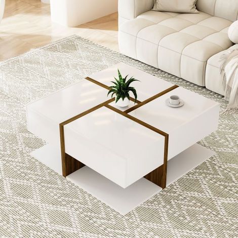 Table Basse avec Rangement 78 x 78 x 34 cm 4 tiroirs rangement en dessous finition effet brillant (1/5)