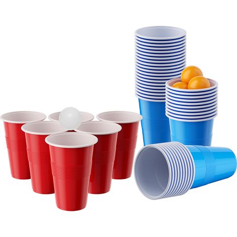 Wolketon Set da gioco di birra pong con 10 palline, 50 bicchieri di plastica blu e 50 rossi riutilizzabili per feste e matrimoni (1/5)