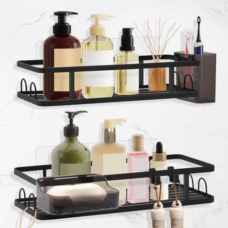 Etagere Douche Sans Percage, Etagere Douche 4 Pieces avec Porte-Savon, Porte-Brosse a Dents, Porte Gel Douche Salle de Bain Grande Capacite, Support Salle de Bain, Noir (1/5)