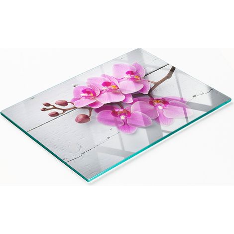 Tabla de cortar decorativa de vidrio templado con dise帽o de orqu铆dea sobre madera, 80x52 cm.