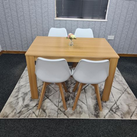 Dining Table and 4 Chairs Oak Effect Wood 4 White Plastic Leather Chairs Dining Room (1/5)