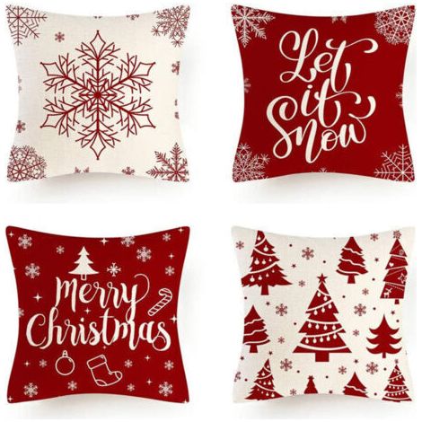 4 Pièces Taie d'Oreiller de Noël Styles d'éléments de Noël Motif Housse de Coussin Décorative Taies d'Oreiller en Lin et Coton (45 x 45 cm, Noël Rouge) (1/5)