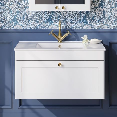 Nuie Classique Wall Hung 1-Drawer Vanity Unit with 1TH Minimalist Basin 800mm Wide - Satin White