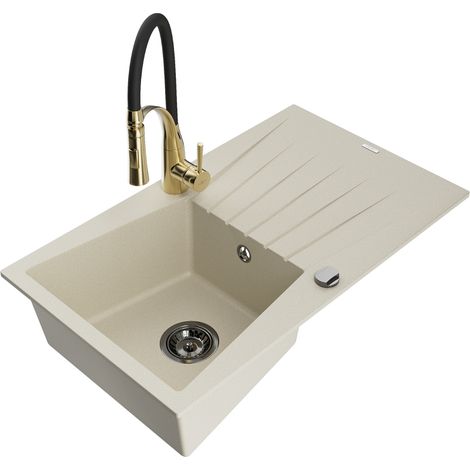 Mexen Cesar évier en granit 1 bac avec égouttoir et robinet de cuisine Aster, beige - 6514-69-73450-57-B (1/5)