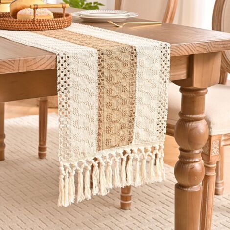 Chemin de Table en Lin de Coton Chemin de Table Brun Style de Ferme Rustique Chemin Table avec Glands Decoration Évider Woven pour Table À Manger de Cuisine Bohème(30X140cm) (1/5)