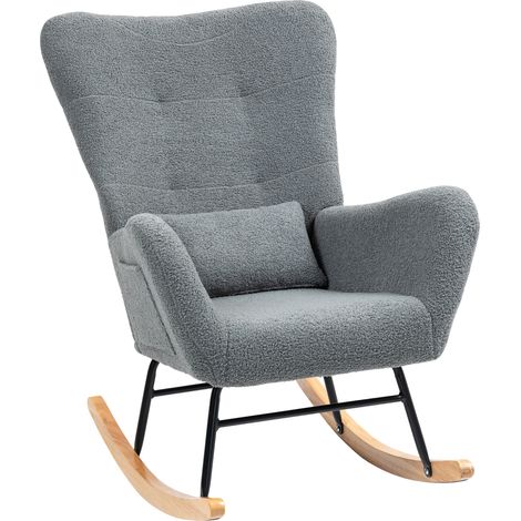 Fauteuil à bascule en peau d'agneau avec dossier rembourré, coussin et base en bois d'hévéa, capacité de charge de 120 kg, gris (1/5)