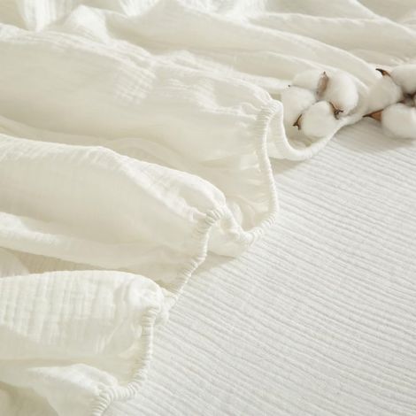 Drap Housse 100x200 Coton Blanc Drap de Lit en Mousseline Drap Housse Gaze de Coton Respirant pour Matelas Épais Hypoallergénique sans Repassage Ourlet Élastique La Peut Atteindre 30cm (1/5)