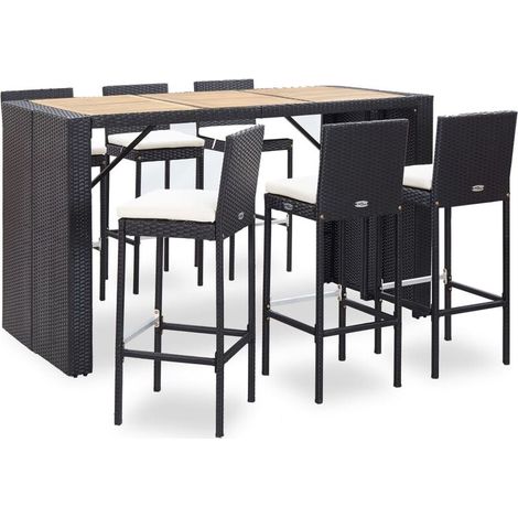Ensemble de bar de jardin 7 pcs et coussins Résine tressée Noir (1/5)