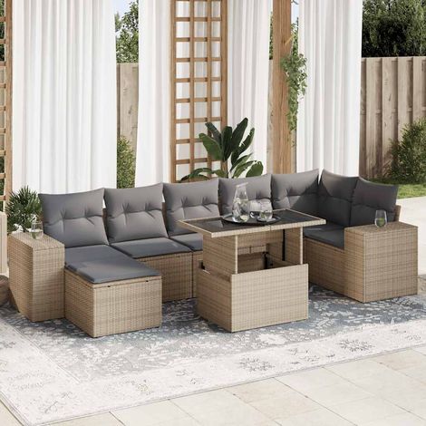 vidaXL Set de sofás de jardín y cojines 8 piezas ratán sintético beige (1/5)