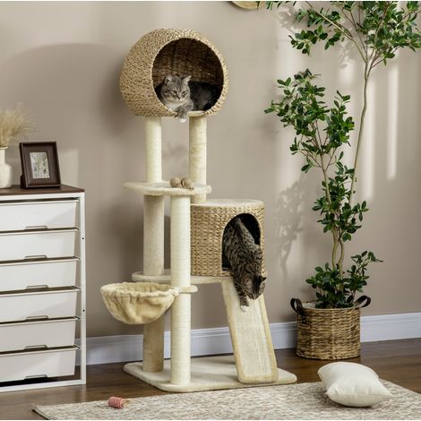 Árbol para gatos 60x60x150 cm de madera beige con caseta, fácil de montar FLORAGRACE (1/5)